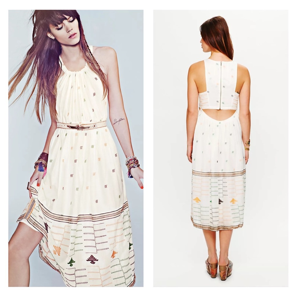 Free People New Romantics Etched Embroidered Halter Boho Maxi Dress S open back